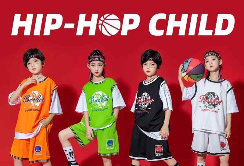 キッズ 男の子 女の子 ストリート ダンス セットアップ 衣装 バスケットボール ユニフォーム 半袖 ジャージ ヒップホップ スポーツ 幼稚園 コスチューム 黒 白 オレンジ