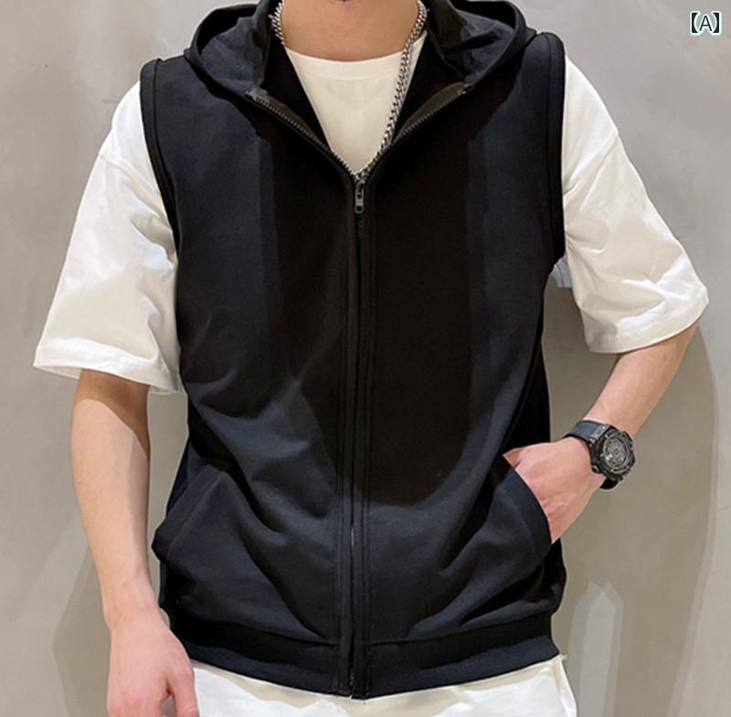 メンズ ノースリーブ パーカー カジュアル 春秋 大きいサイズ フード付き スポーツ スリム 薄手 フィットネス ブラック グレー