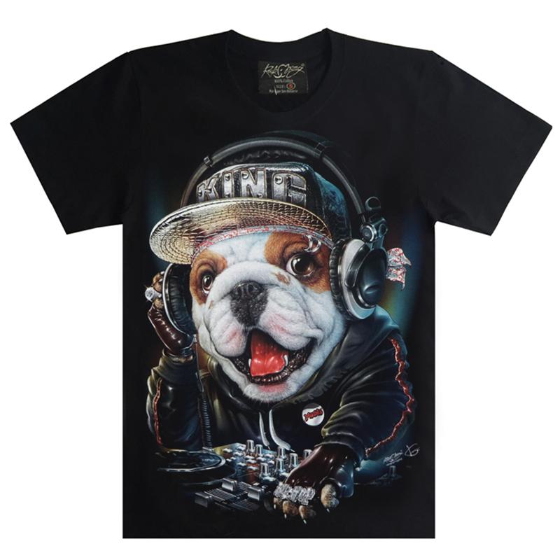 tシャツ 犬柄 ロック メンズ クラブ DJ 光る ゆったり 春夏 コットン ラウンドネック 黒 アニマル おしゃれ