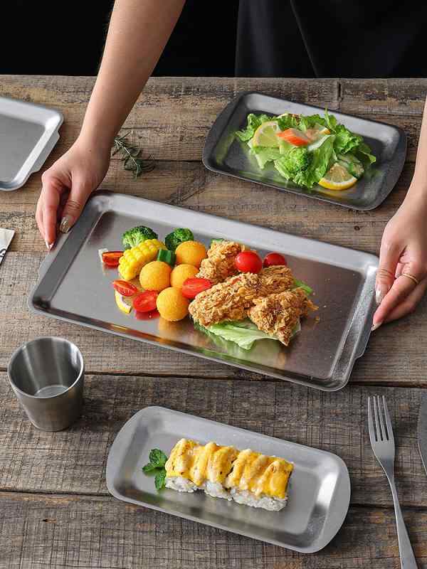プレート 食器 レトロ ステンレス 長方形 業務用 レストラン フルーツ バーベキュー 串 皿 フラット トレイ