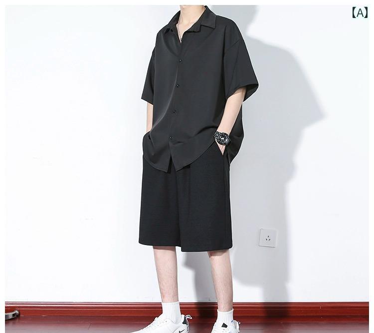 メンズセットアップ 無地 長袖シャツ ショートパンツ 韓国 メンズ無地上下セット長袖シャツショートパンツ夏 (セットアップ