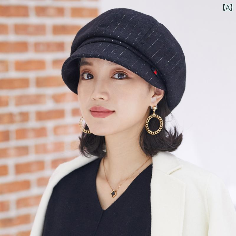 キャスケット レディース 帽子 おしゃれ レトロ 秋冬 韓国 ファッション ストライプ 調節可能 ブラック|Grams店