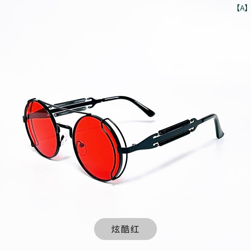 スチームパンク サングラス 眼鏡 メンズ レディース メガネ おしゃれ クール UV400 ラウンドメタル ストリート レッド シルバー ブラウン