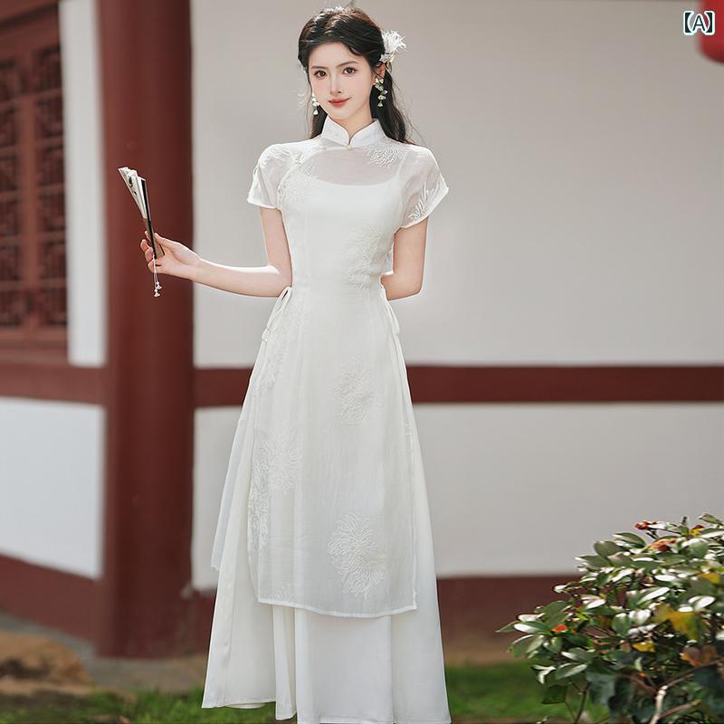 アオザイ チャイナドレス 春夏 中国風 レディース ワンピース 日常 普段着 スーツ ハイウエスト ミモレ丈 ベージュ
