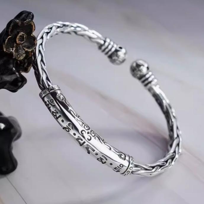 バングル メンズ レディース アクセサリー ブレスレット S999 スターリングシルバー 6ワード マントラ レトロ ツイスト 編み 5,923円