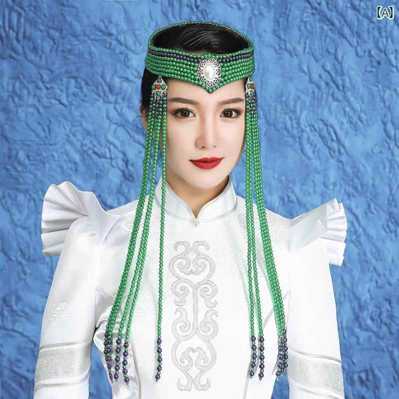 モンゴル 衣装 民族 コスチューム エスニック 舞踊 パフォーマンス ビーズ ダンス 帽子 仮装 グリーン レッド パープル
