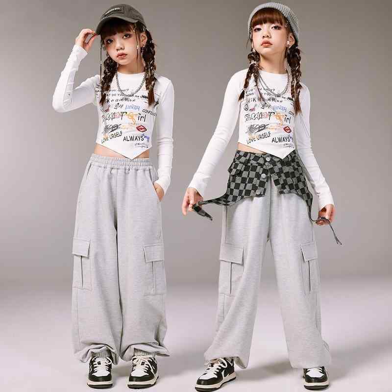 キッズ ストリート ダンス セットアップ 衣装 子供 ジュニア ヒップホップ カジュアル チェック柄 グレー ホワイト