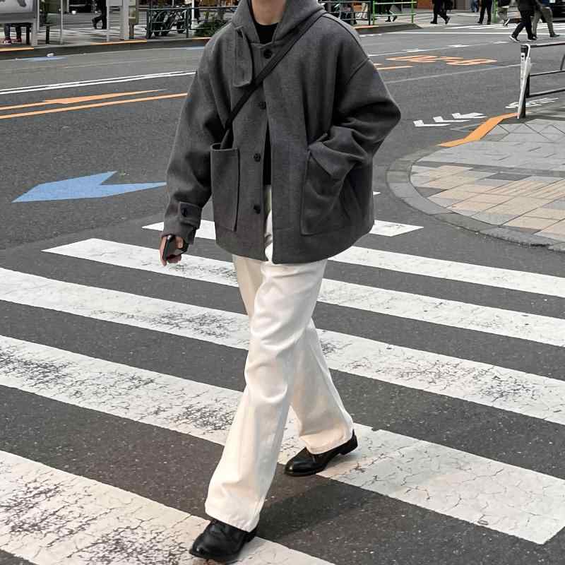 ウール コート メンズ ミドル丈 秋冬 アウター フード付き おしゃれ レトロ 韓国 ファッション グレー ブラック ブラウン｜Grams店
