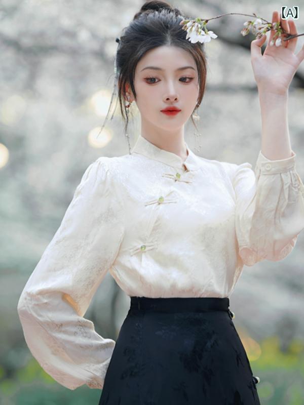 チャイナ風 普段着 レディース トップス レトロ おしゃれ スタンドカラー 長袖 シャツ 古代 中国 春夏 漢服 ドレス スカート ホワイト