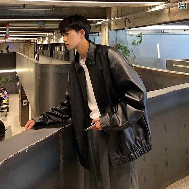 メンズ ストリート ジャケット 韓国 レザー ショルダー メンズ オーバーフィット パンクレザー ジャケット 4102810