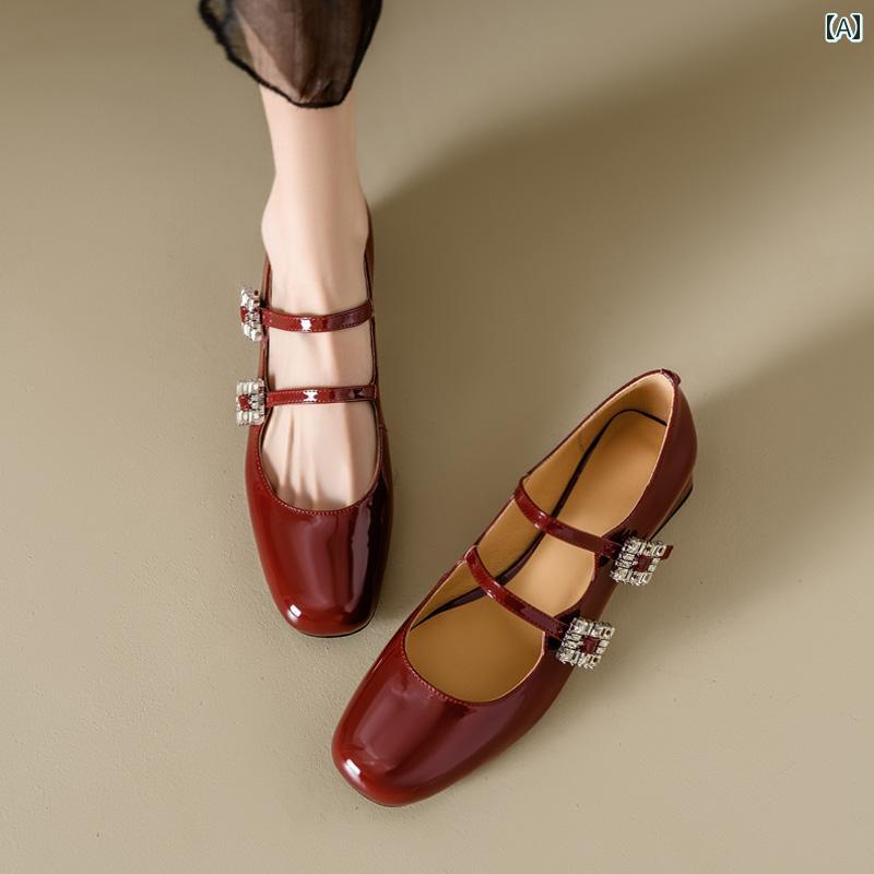 パンプス フラット シューズ レディース 革 レトロ スクエアバックル 婦人靴 シングル ハイヒール ワインレッド ブラック シルバー|Grams店