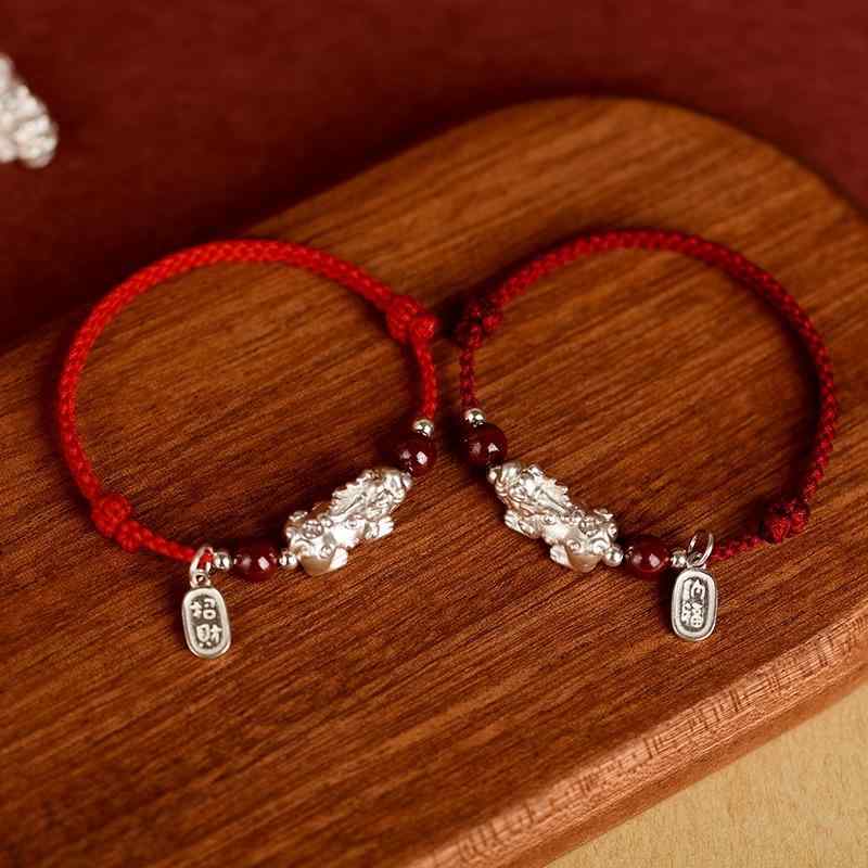 ヒキュウ ブレスレット メンズ レディース 風水 アクセサリー 編み込み 腕輪 貔貅 ロープ シルバー 赤 黒
