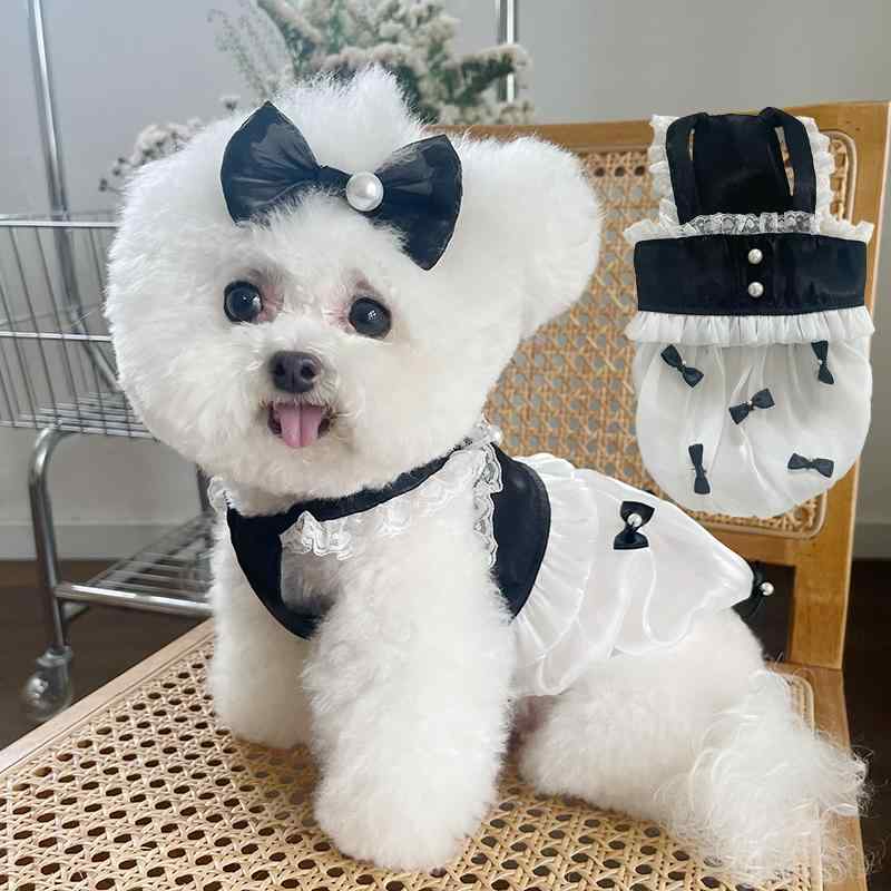 犬服 ドレス ワンピース ドッグウェア かわいい おしゃれ ペット 夏 ホワイト ブラック レース リボン 4,120円