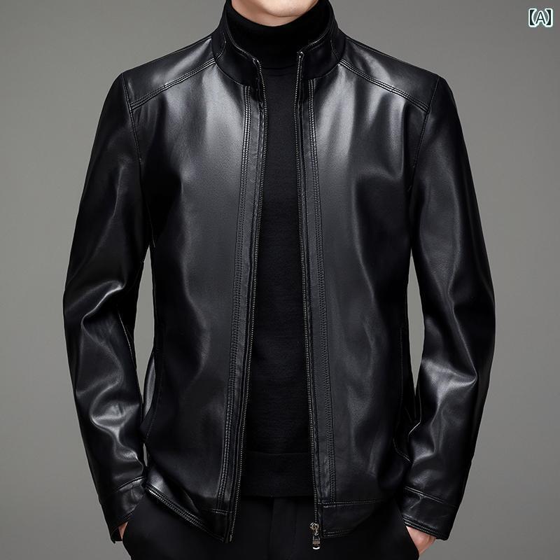 レザー ジャケット メンズ ライダース 革ジャン 春秋 ベルベット 厚手 シープスキン 中年 紳士 スタンドカラー ジッパー ブラック ブラウン｜Grams店