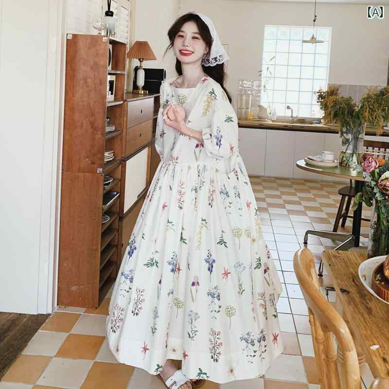 ボタニカル柄 ワンピース リゾート デート フェミニン 可愛い レディース フレッシュ 韓国 プリント ロング スカート 春夏 花柄 ドレス ホワイト
