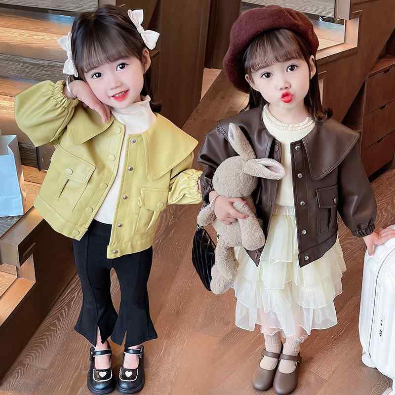レザー ジャケット キッズ かわいい 女の子 アウター ベビー 春秋 コート 西洋 小柄 革 秋 黄色 茶
