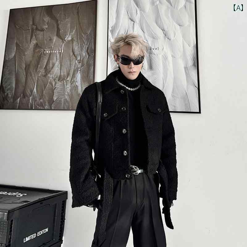 ジャケット メンズ 肩パッド 韓国 おしゃれ 暖かい ショート ウール コート ブラック
