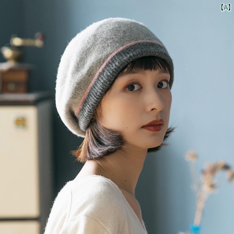 ベレー帽 帽子 レディース カジュアル 韓国 暖かい ウール 秋冬 防寒 ニット帽 グレー ピンク ワインレッド