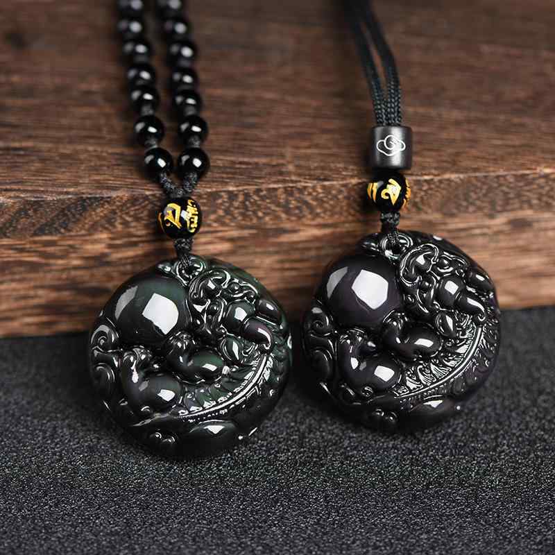 ヒキュウ 貔貅 ネックレス メンズ レディース カップル 風水 アクセサリー 黒曜石 ペンダント 幸運 ジュエリー ブラック