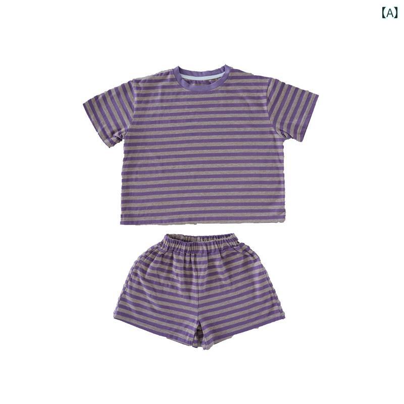 ベビー服 セットアップ 夏 薄手 子供 男の子 女の子 スーツ ボーダー 半袖 Tシャツ ショートパンツ 2点 シンプル おしゃれ パープル
