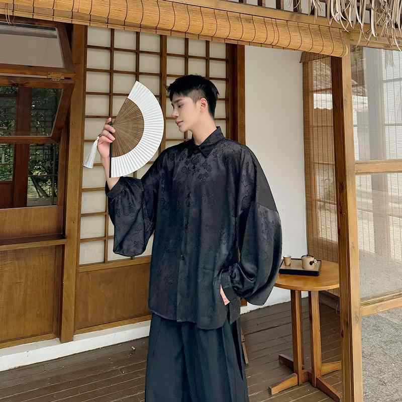 シャツ メンズ 男性用 中華風 新中式 唐装 漢服 光沢感 シルクタッチ ジャカード織り ランタンスリーブ 長袖 ルーズシルエット オーバーサイズ ポリエステル トップス アウター 普段使い カジュアル ブラック グリーン