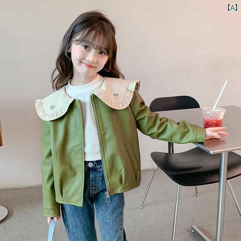 レザー ジャケット キッズ ライダース 女の子 アウター 子供服 春秋 かわいい ハート 襟 大きい フリル グリーン