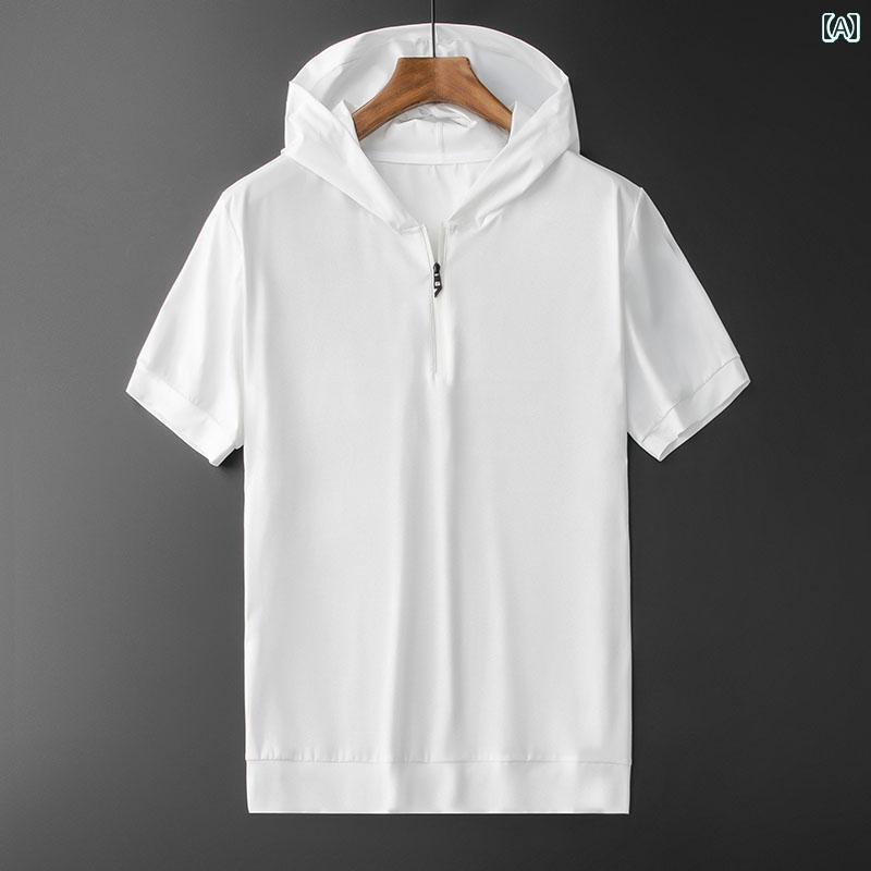 メンズ 半袖 春夏 冷感 Tシャツ フード付き ジップアップ 大きいサイズ 軽量 ホワイト ブラック グレー パーカー