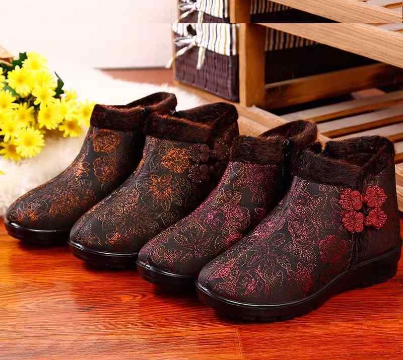 コンフォートシューズ レディース 婦人靴 ミセス 秋冬 暖かい 裏起毛 レトロ ショートブーツ 花柄 ブラック レッド ブラウン
