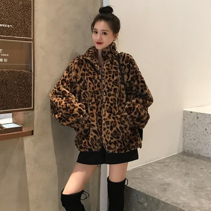 ファーコート レディース ヒョウ柄 レオパード アウター 冬 スタンドカラー 厚手 ジップアップ ミドル丈 おしゃれ ブラウン｜Grams店