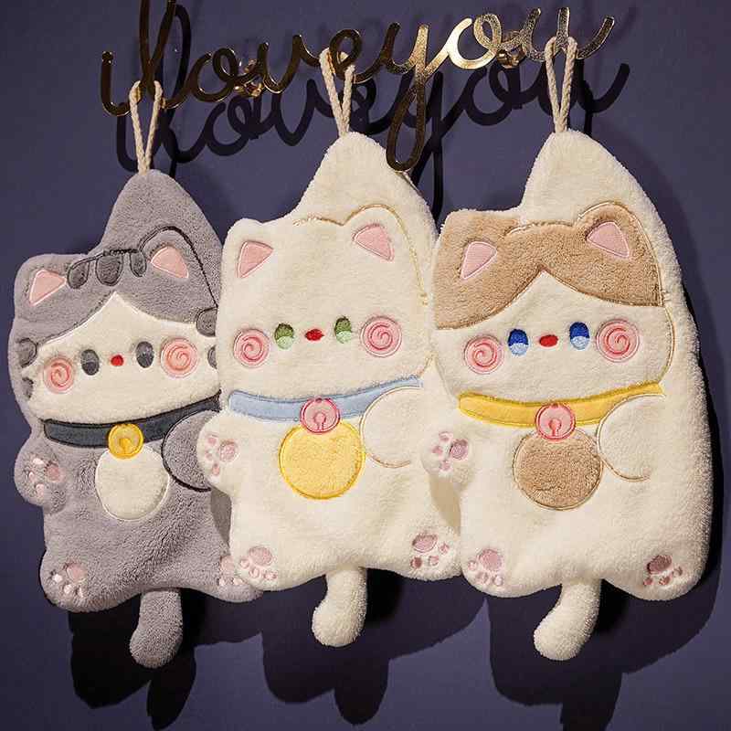 ループタオル ループ付き ハンドタオル かわいい 吸収性 バスルーム ハンカチ キッチン 猫 グレー 白