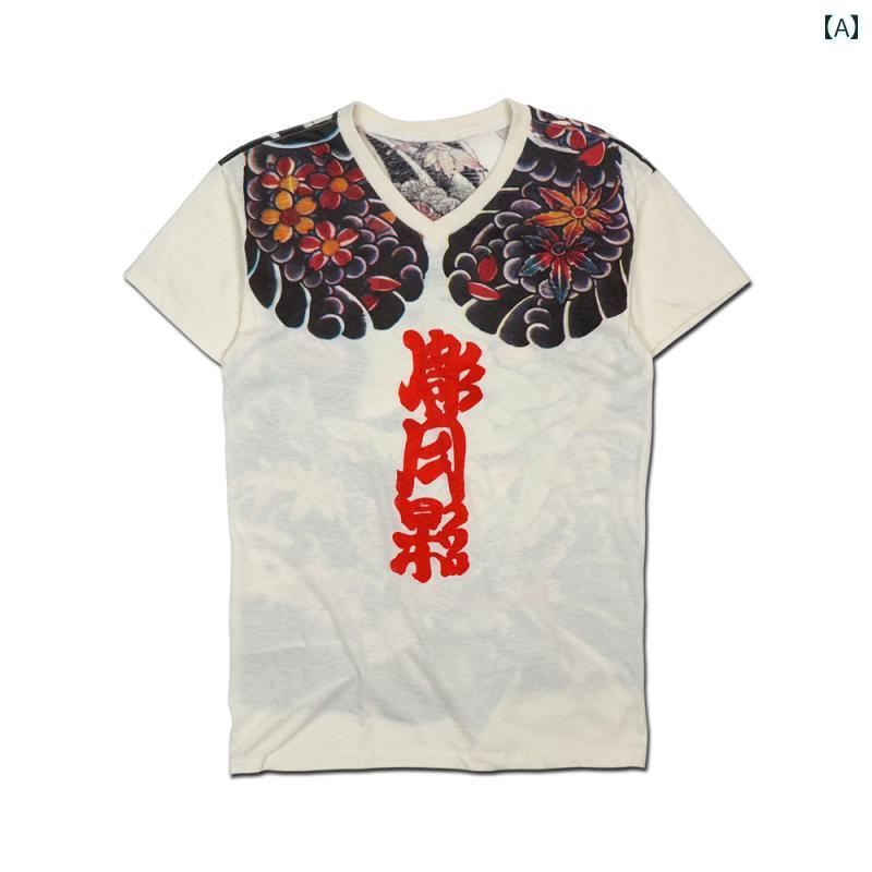 tシャツ かっこいい 半袖 プリントメンズ 夏 タトゥー パターン Vネック レトロ コットン トップス ホワイト