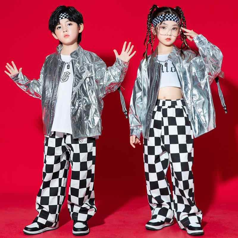 キッズ 男の子 女の子 ストリート ダンス セットアップ 衣装 ヒップホップ クール 発表会 シルバー 白 チェック柄