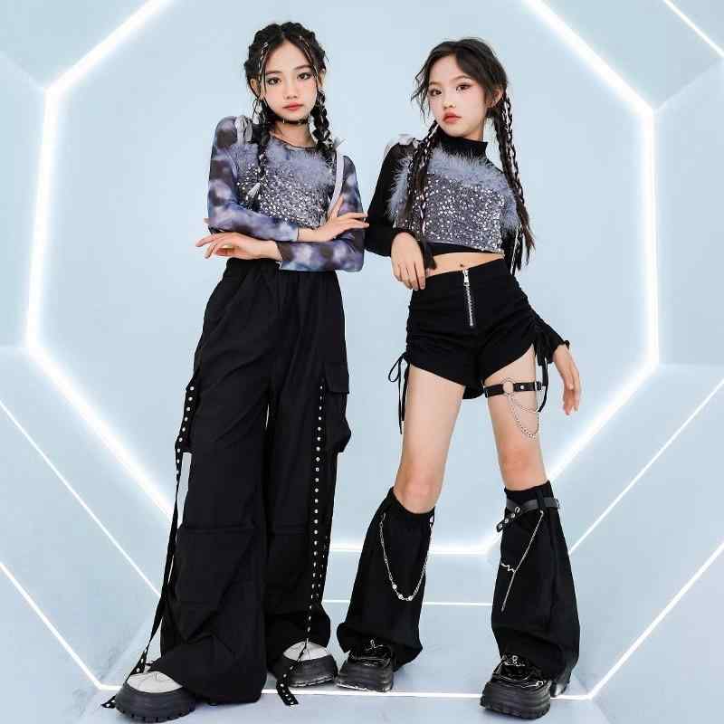 キッズ 女の子 ストリート ダンス セットアップ ジャズ スパンコール へそ出し クール ヒップホップ 発表会 黒 シルバー 衣装