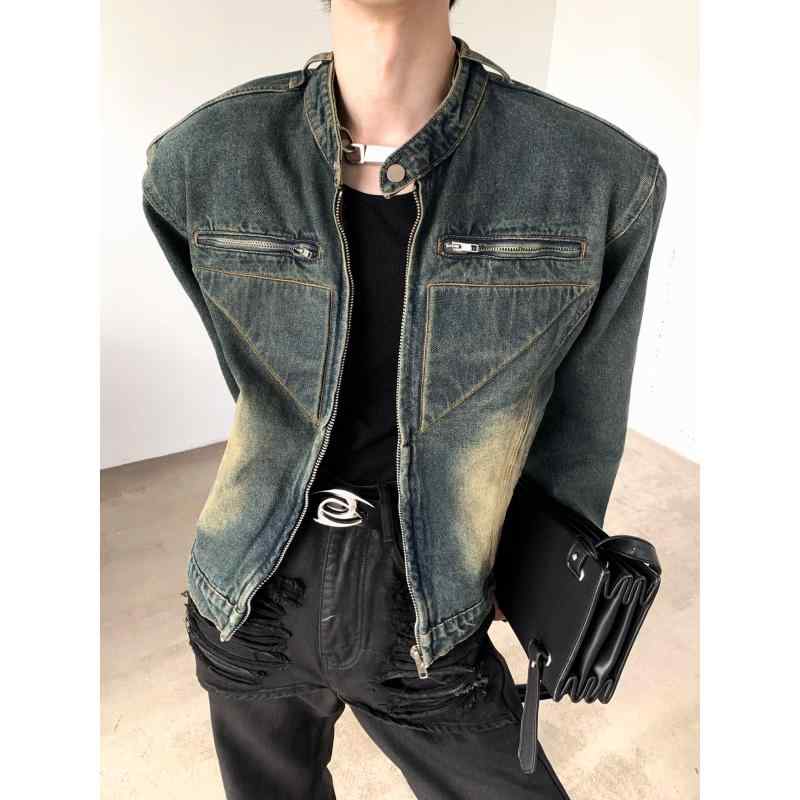 デニム ジャケット メンズ 肩パッド 秋 ウォッシュ加工 ショート アウター 長袖 トップス 青 黒｜Grams店
