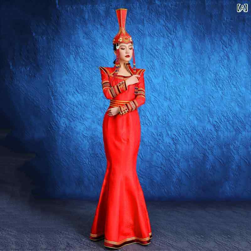 モンゴル 衣装 結婚式 ローブ パフォーマンス ドレス 舞踊 仮装 コスプレ ファッション 民族 レッド