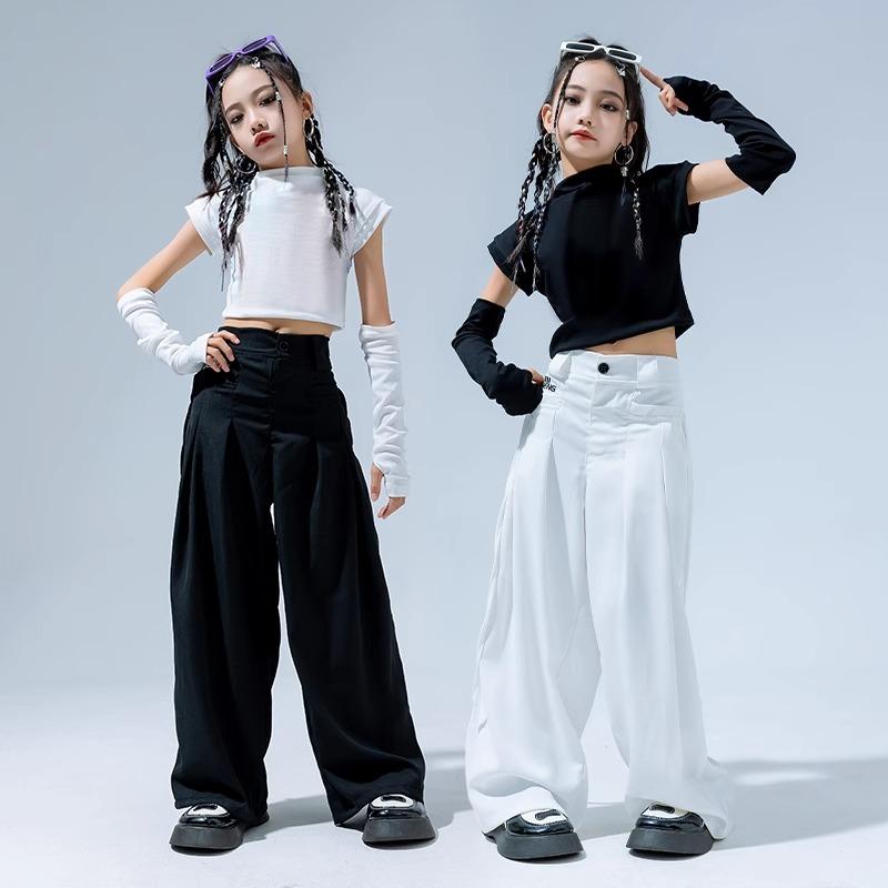 キッズ ストリート ダンス セットアップ 子供用 衣装 女の子 ジャズ ワイド パンツ へそ出し ファッション 春 ホワイト ブラック