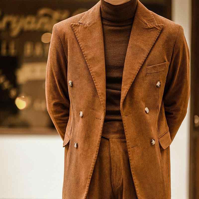 メンズ 背広 今めかしい 成人男性服 心地好い コール天 秋冬 上衣 ズボン下 ダブル レトロ 白いこと 青碧 緑であること