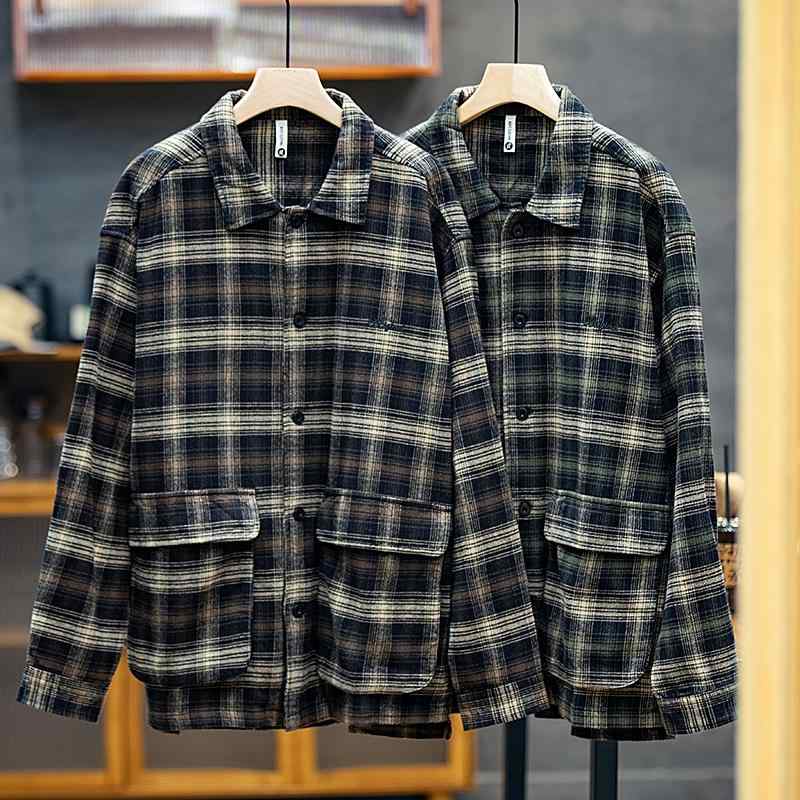 シャツ メンズ 長袖 春秋 チェック レトロ カジュアル トップス コットン ファッション ジャケット 裏起毛 暖かい 大きいサイズ グリーン ブラウン