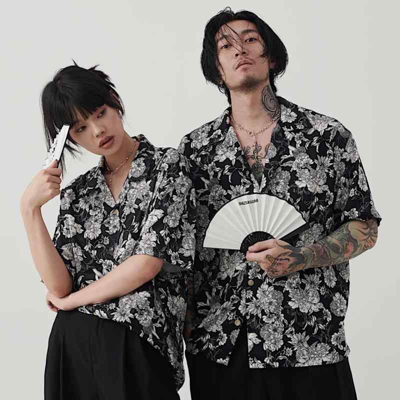 シャツ メンズ レディース レトロ ハワイアン 半袖 カップル 夏 ビーチ 薄手 黒 花柄 柄シャツ