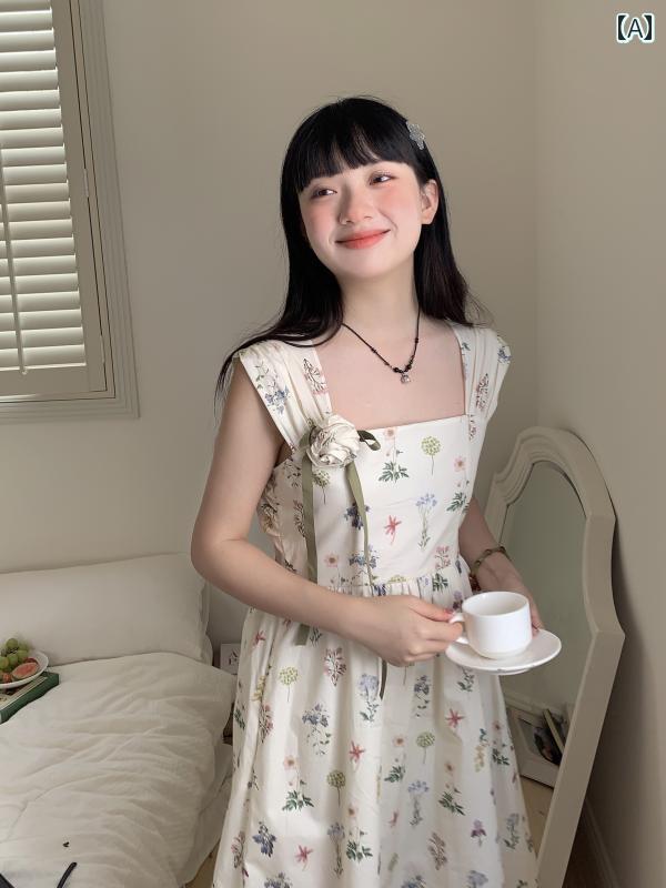 ボタニカル柄 ワンピース リゾート デート フェミニン 可愛い レディース おばあちゃん 植物 プリント ドレス レースアップ ウエスト スリム ノースリーブ ベスト ロング スカート ベージュ|Grams店