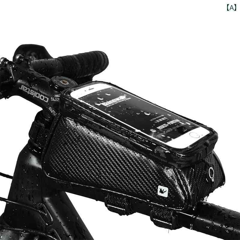 フロントバッグ 自転車 ロードバイク ハンドル サイクリング アッパー チューブ ビーム 携帯電話 タッチスクリーン 防水 多機能 バー ブラック