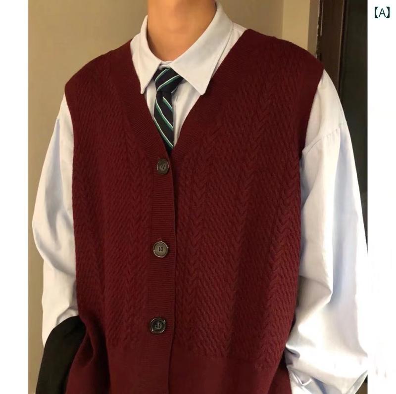 ニット ベスト メンズ vネック 大きいサイズ ゆったり レトロ カーディガン セーター ジャケット 春秋 ワインレッド ブラック