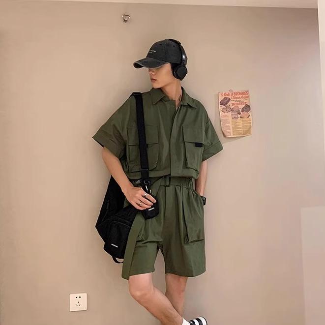 つなぎ 半袖 オーバーオール 作業着 メンズ 夏 ハーフパンツ ジャンプスーツ カジュアル 作業服 カーキ ブラック|Grams店
