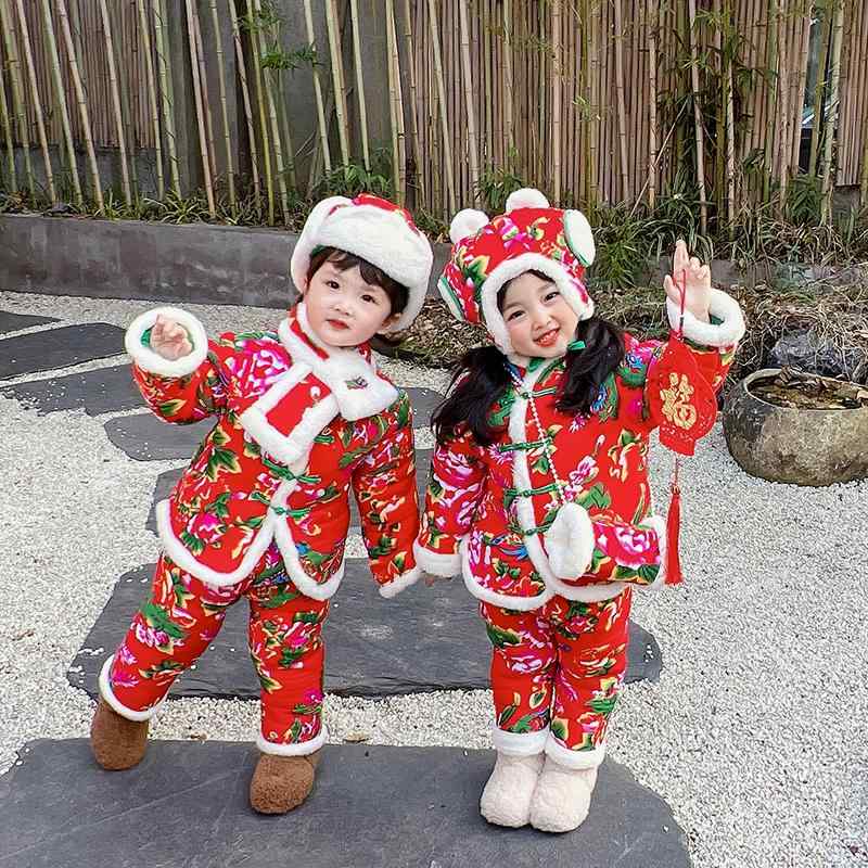 キッズ 男の子 女の子 防寒着 パフォーマンス 衣装 セットアップ コットン ジャケット ベビー 冬 厚手 赤