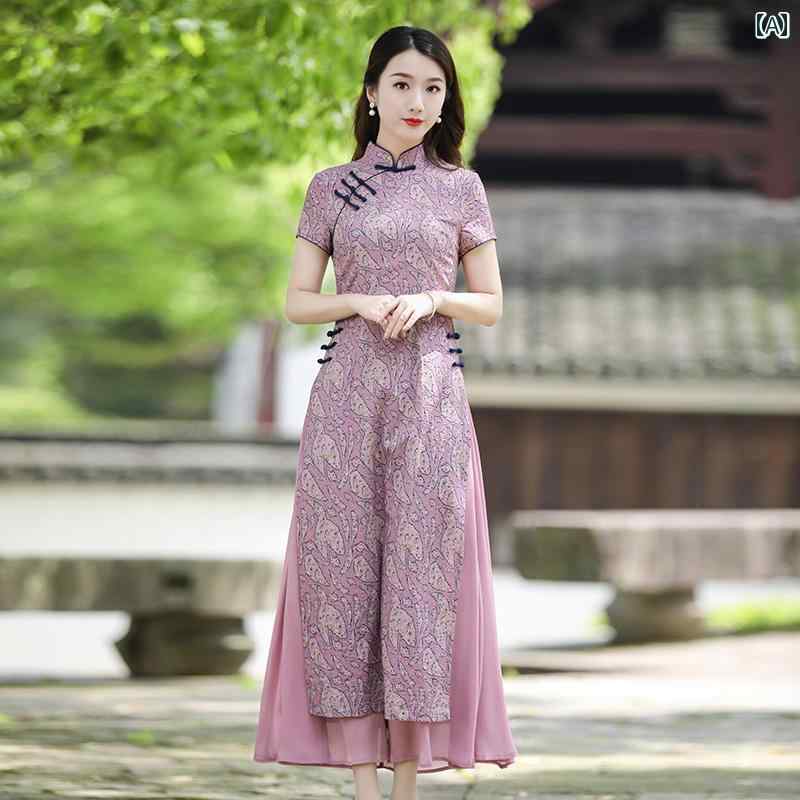 アオザイ チャイナ ドレス 中国風 コットン リネン レディース 春夏 ウエスト スリム ロング丈 エレガント ピンク|Grams店