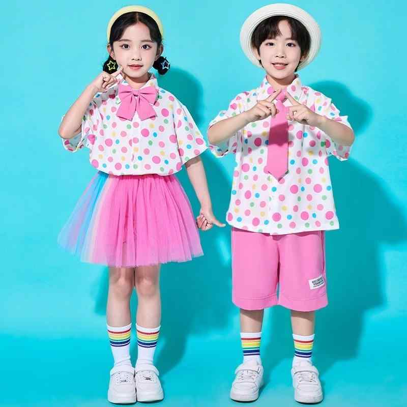 キッズ ダンス セットアップ パフォーマンス 衣装 幼稚園 シャツ 学生 チアリーダー コーラス クラス 制服 ピンク 水玉