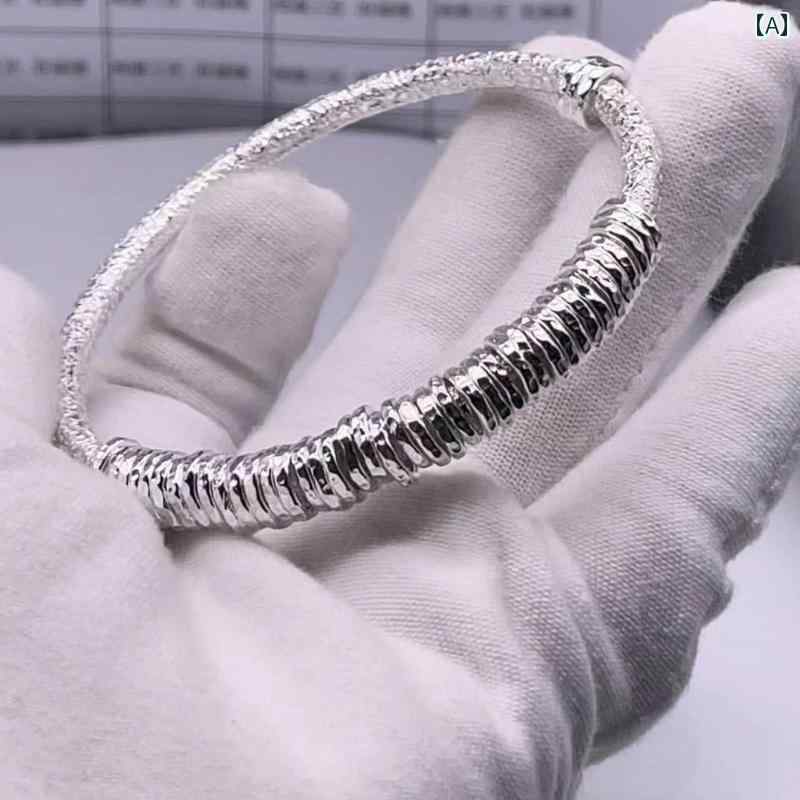 バングル メンズ レディース アクセサリー ブレスレット 純銀 S999 マネー ストリング レトロ 巻き ハンマー パターン|Grams店