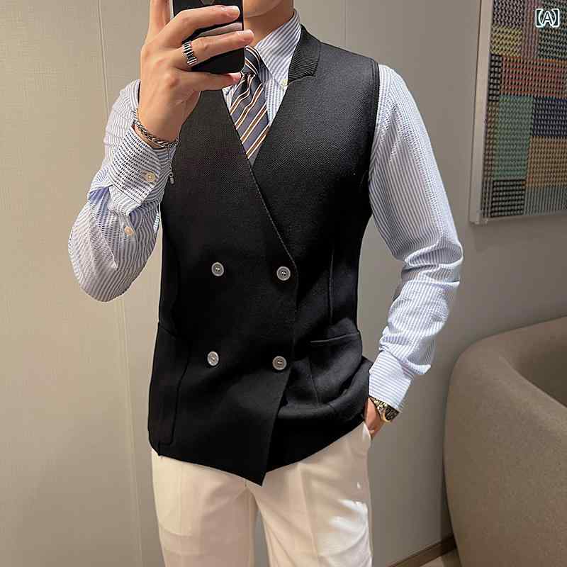 ニット ベスト メンズ vネック カジュアル 大きいサイズ ゆったり ダブルブレスト 春秋 カーディガン 韓国 ノースリーブ セーター ブラック カーキ