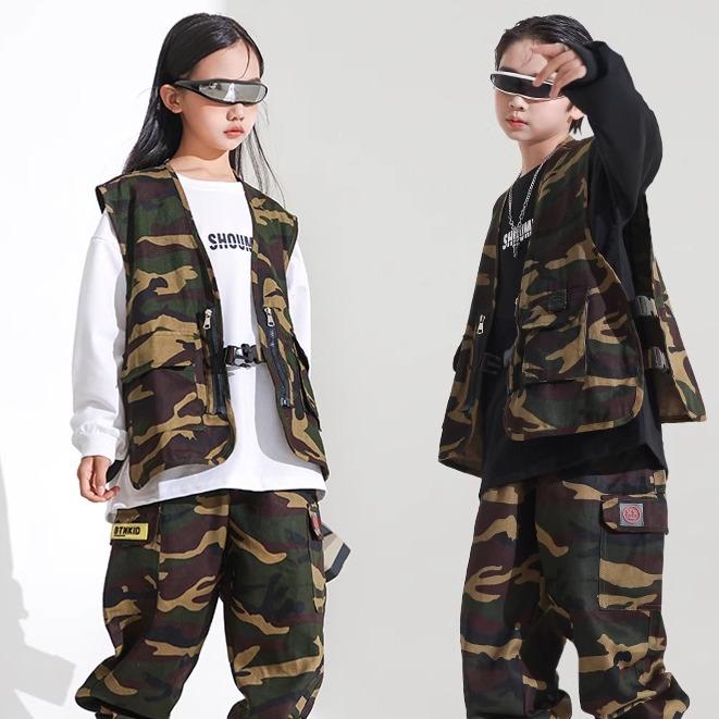 キッズ 男の子 女の子 ストリート ダンス セットアップ 衣装 ヒップホップ ベスト クール 秋冬 発表会 黒 白 迷彩