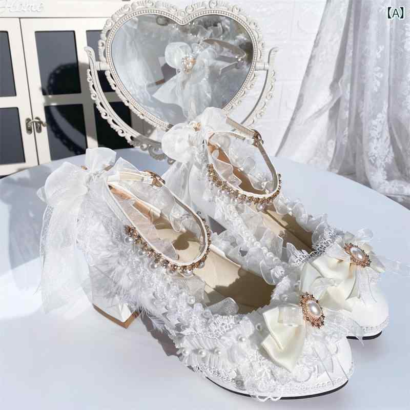 ロリータ 靴 レディース パンプス ガーリー Lolita メイド コスプレ ハイヒール ラウンドトゥ 太ヒール ウェディング シューズ ベージュ ホワイト ピンク|Grams店